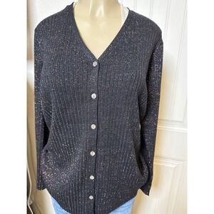 Karen Scott Womens Black Metallic Sparkle Ribbed‎ V Neck Cardigan Sweater M